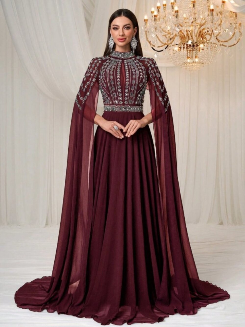 Alina Rhinestone Beaded Modest High Neck Forked Sleeve Gown Wine
